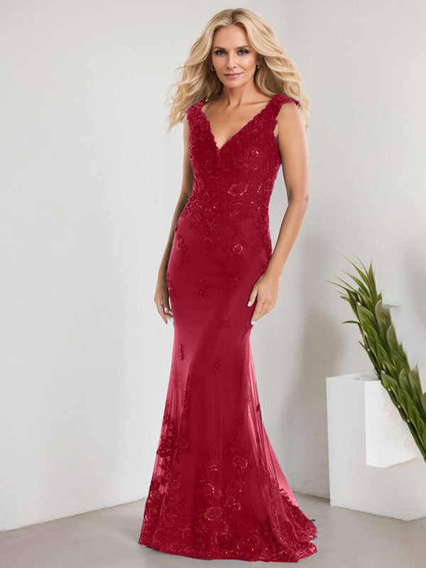 A-Linien V-Ausschnitt bodenlanges Spitzen-Chiffon Kleid für die Brautmutter mit Applikationen und Pailletten Meerjungfrauenkleid