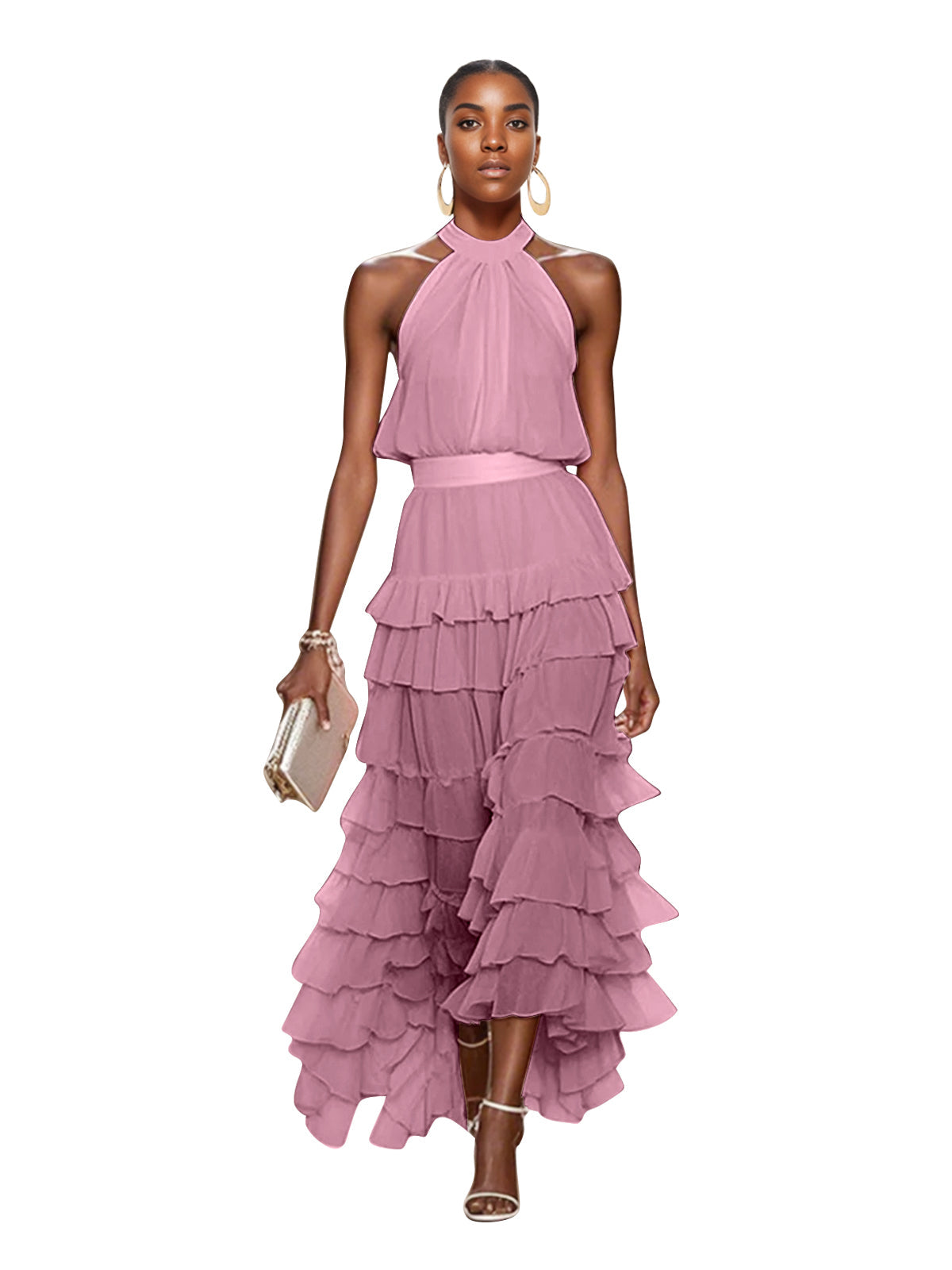 A Line Pink Chiffon Halter Neck Sleeveless Ankle Length Dress With Cascading Ruffles