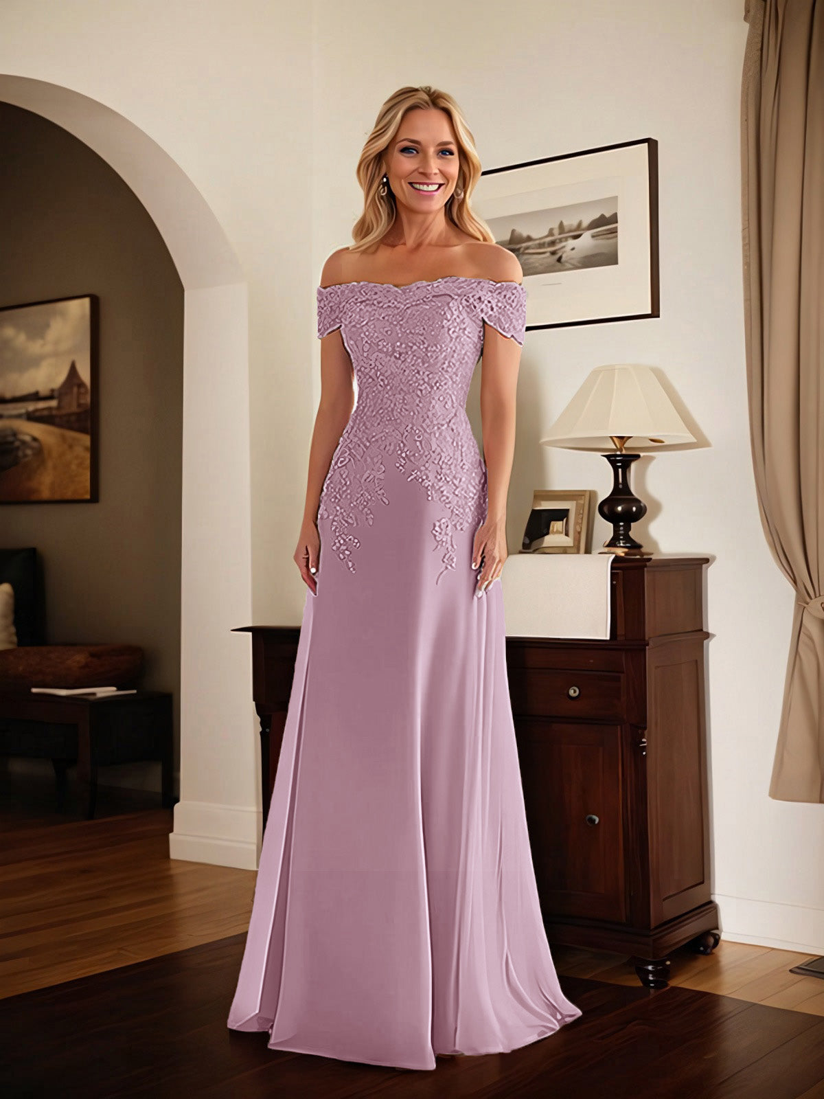 Elegantes taupefarbenes schulterfreies Etuikleid Mutter der Braut Kleid mit Spitze