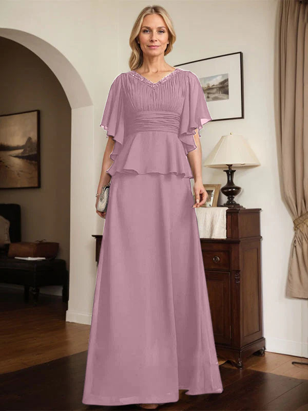 A-Linien Chiffon-Mutter-der-Braut-Kleid mit V-Ausschnitt, bodenlang, plissierte Perlenverzierung