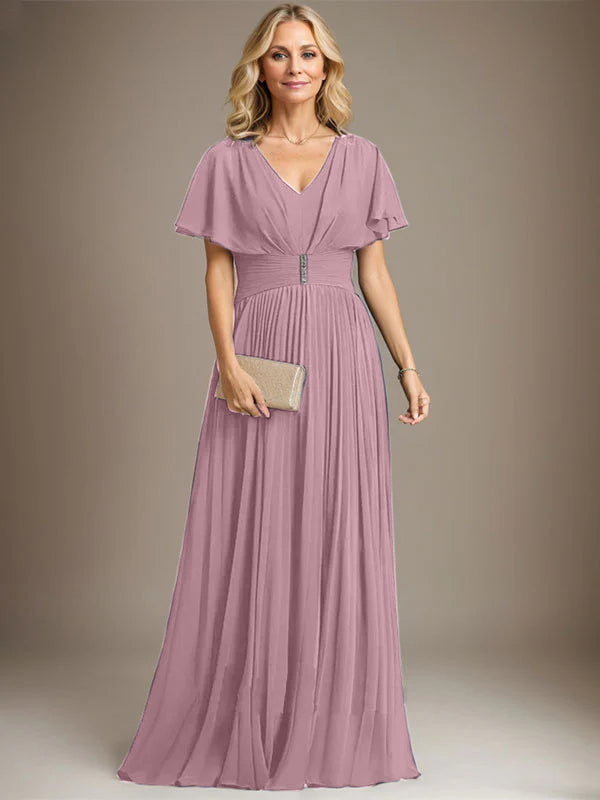 A-Linien V-Ausschnitt Bodenlanges Chiffon Brautmutterkleid mit Kristallbrosche und Plisseefalten