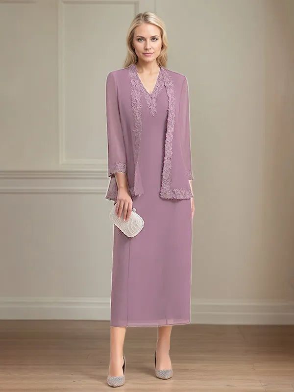 Etui/Column Chiffon V-Ausschnitt 3/4 Ärmel Tea-Length Kleid für die Mutter der Braut