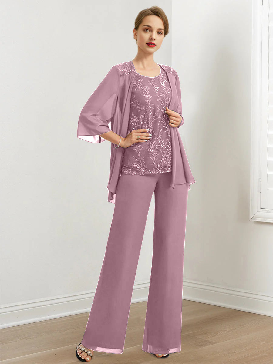 Chiffon Hosenanzüge für die Brautmutter mit Pailletten und Jacke