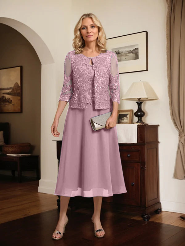 A-Linien Spitzen-Chiffon-Brautmutterkleid mit V-Ausschnitt, tea-length, mit Pailletten