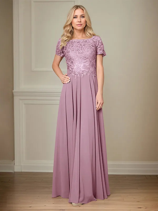 A Line Chiffon Boat Neck Short Sleeves Floor Length Pleated Mother of the Bride Dresses