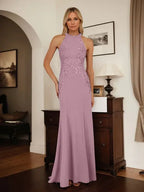 Dusty Blue Sheath Halter Long Mother of Bride Dress With Appliques