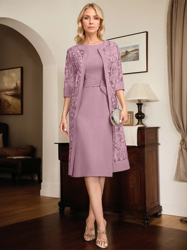 Etui-/Säulen-Kleid mit Rundhalsausschnitt, knielang, Chiffon, Mutter-der-Braut-Kleid mit plissierten Pailletten