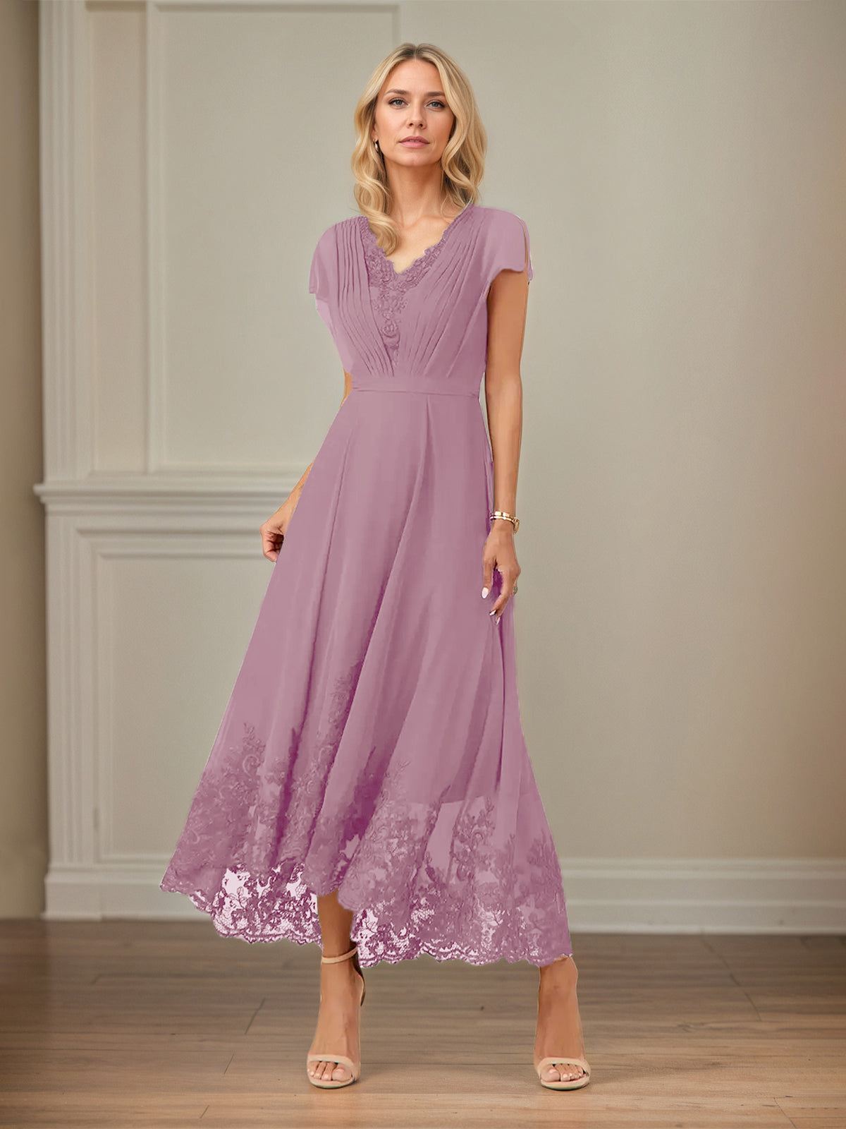 A-Linien Chiffon Kleid mit V-Ausschnitt, flatternden Ärmeln, knöchellang mit Applikationen