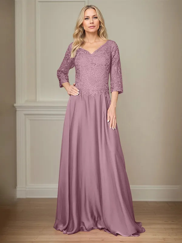A Line Chiffon V Neck 3/4 Sleeves Floor-Length Mother Of The Bride Dress With Appliques