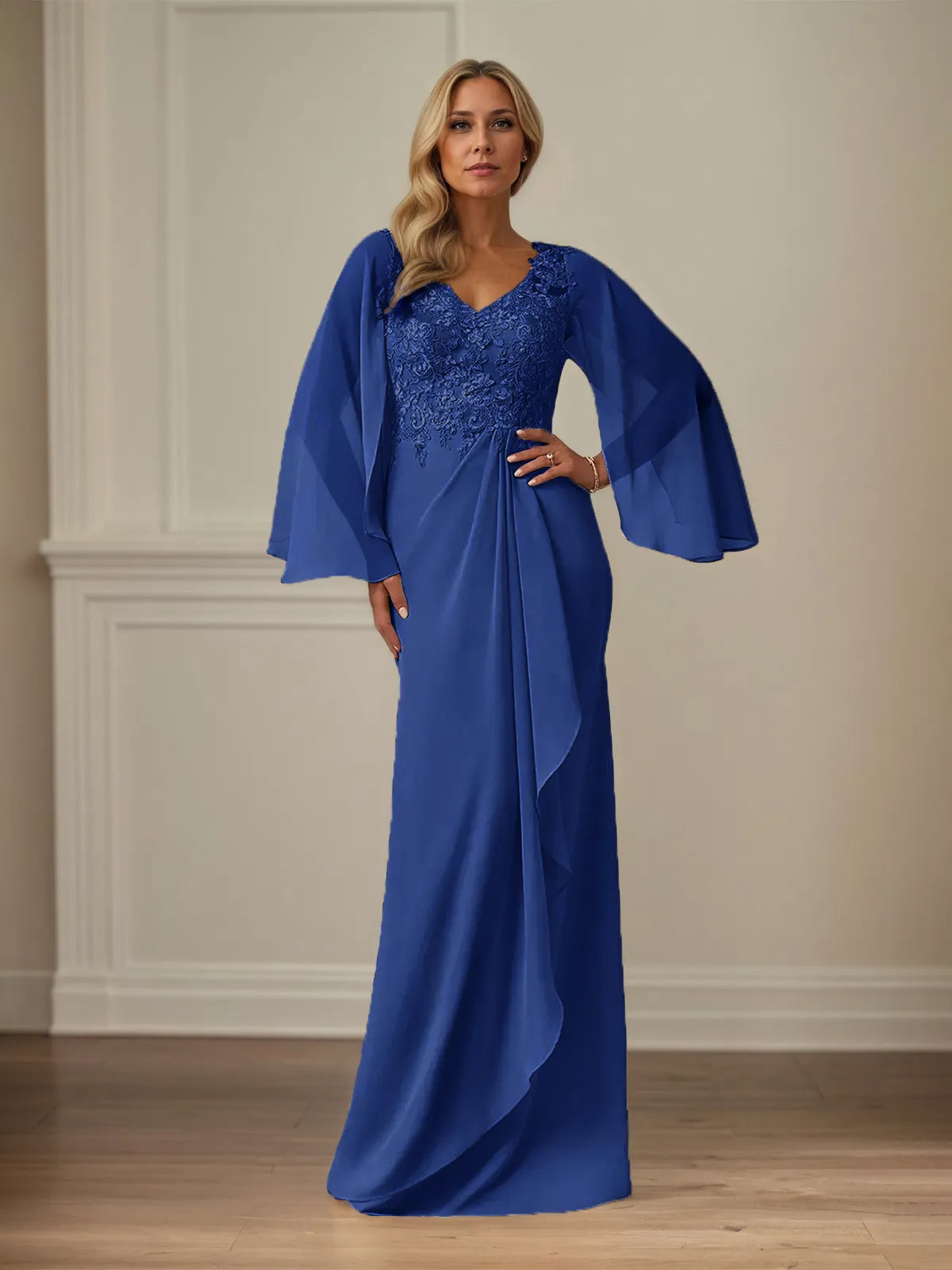 Etui/Kolumnen Chiffon V-Ausschnitt Langarm Bodenlanges Brautmutterkleid mit Applikationen