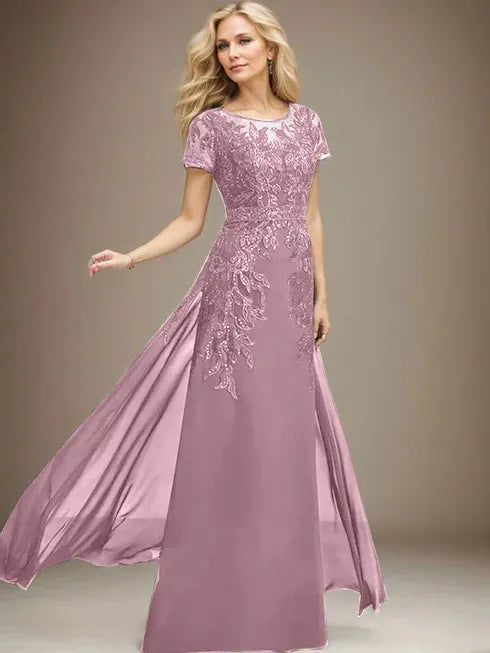 Etui/Säulen Rundhals Illusionsbodenlanges Spitzen-Chiffonkleid für die Brautmutter mit Pailletten
