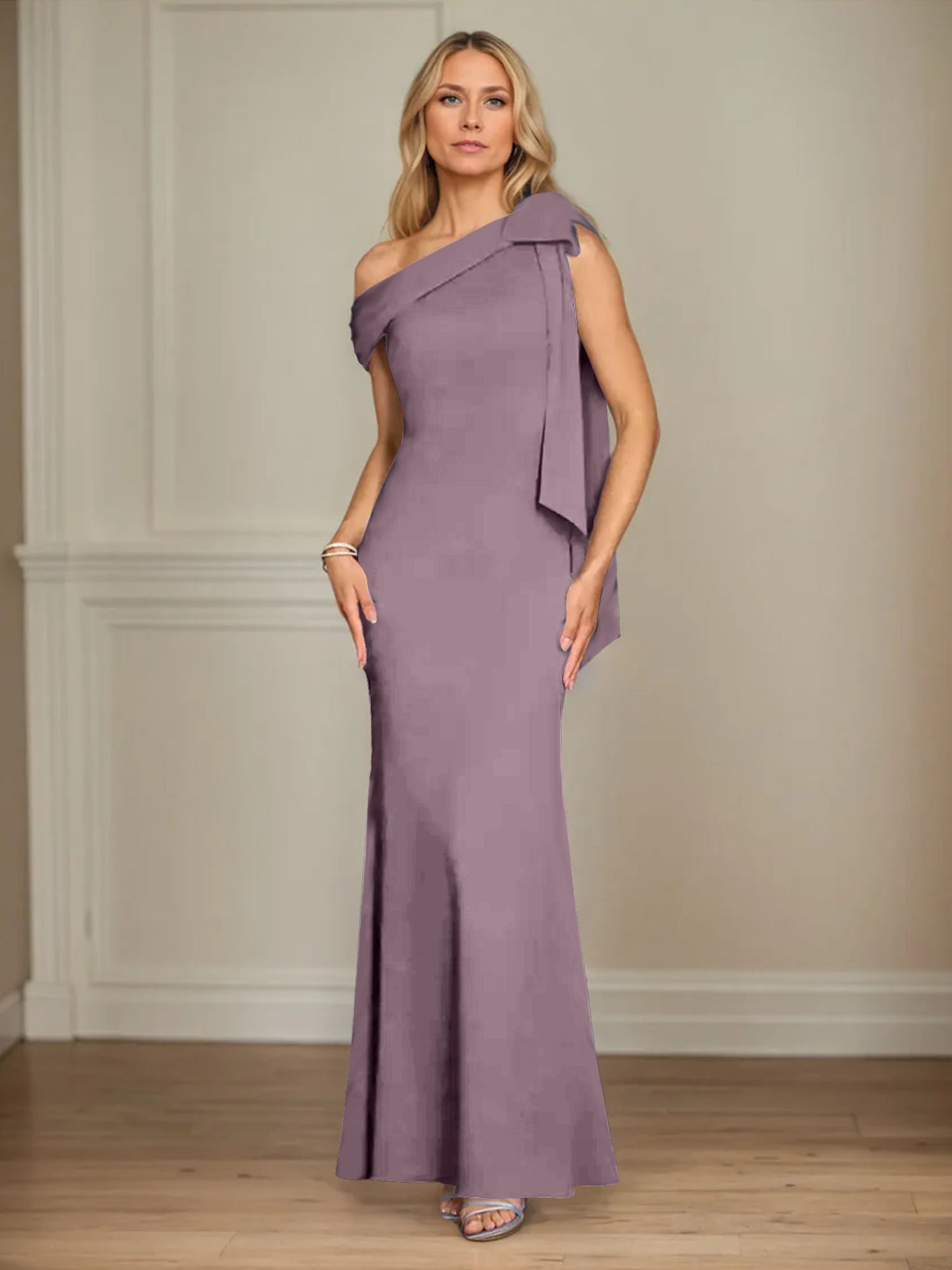 Trumpet/Mermaid Ein-Schulter Ärmelloses Stretch-Crêpe Kleid für die Brautmutter mit Schleife