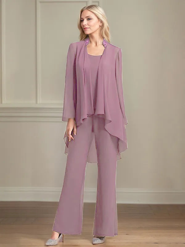 Chiffon Kleid mit Rundhalsausschnitt, langen Ärmeln, bodenlang, Hosenanzug für die Brautmutter