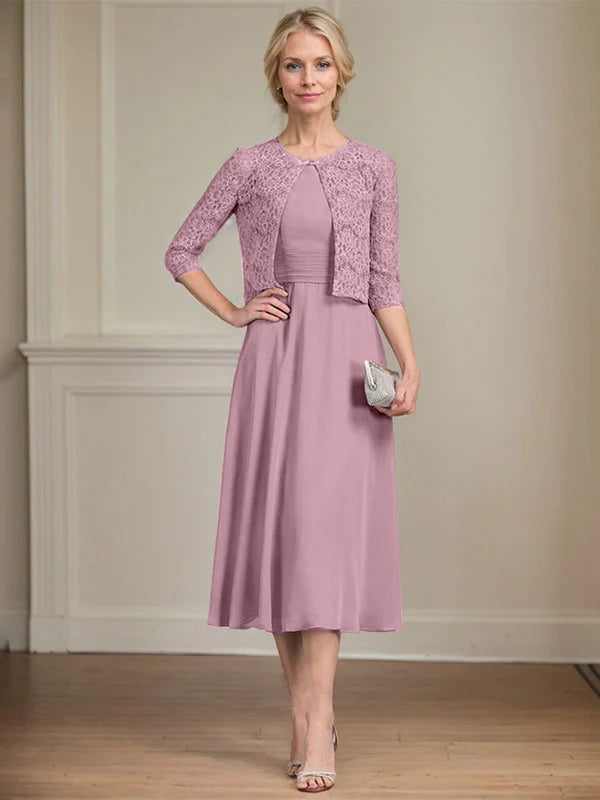 A-Linien Rundhals Tee-Länge Chiffon Kleid für die Mutter der Braut mit Falten