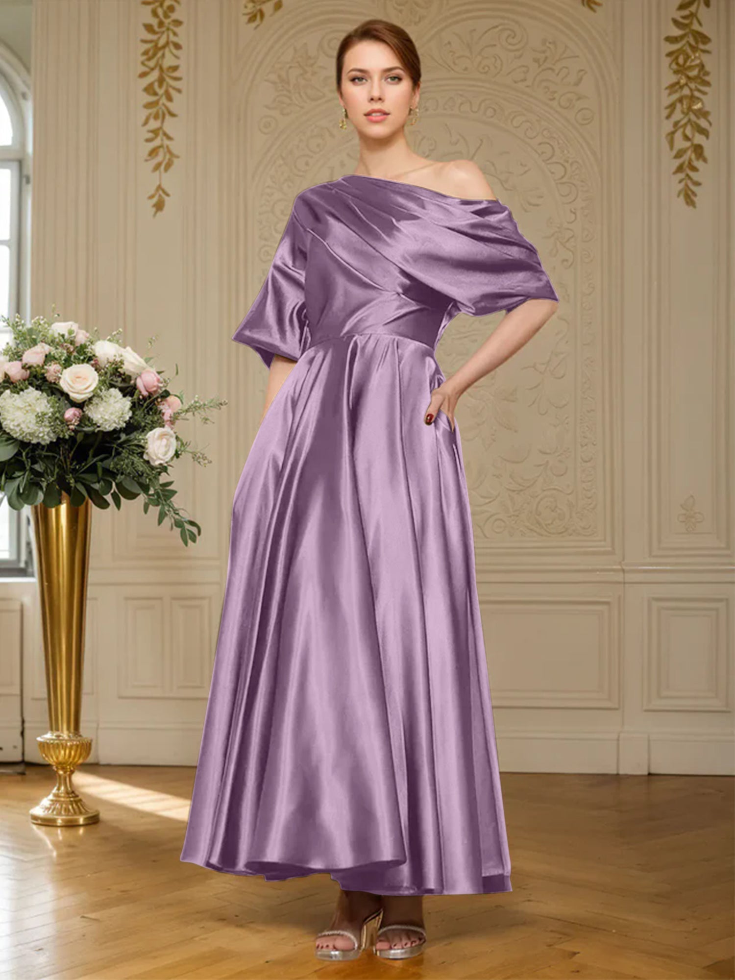 A-Linien Kurzarm plissiertes knöchellanges seidenähnliches Satin Kleid für die Brautmutter