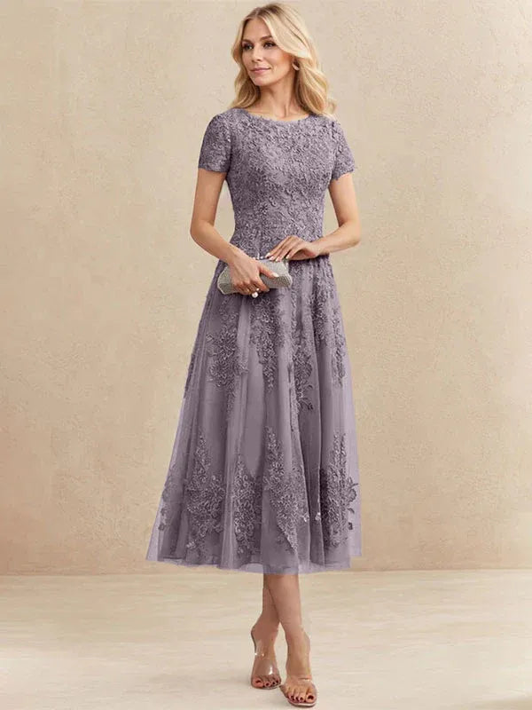 Robe de mère de la mariée A-line en tulle et dentelle, col arrondi, longueur thé