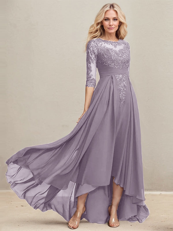 A-Linien Ausschnitt Illusions Asymmetrisches Spitzen-Chiffon Kleid für die Mutter der Braut mit plissierten Pailletten
