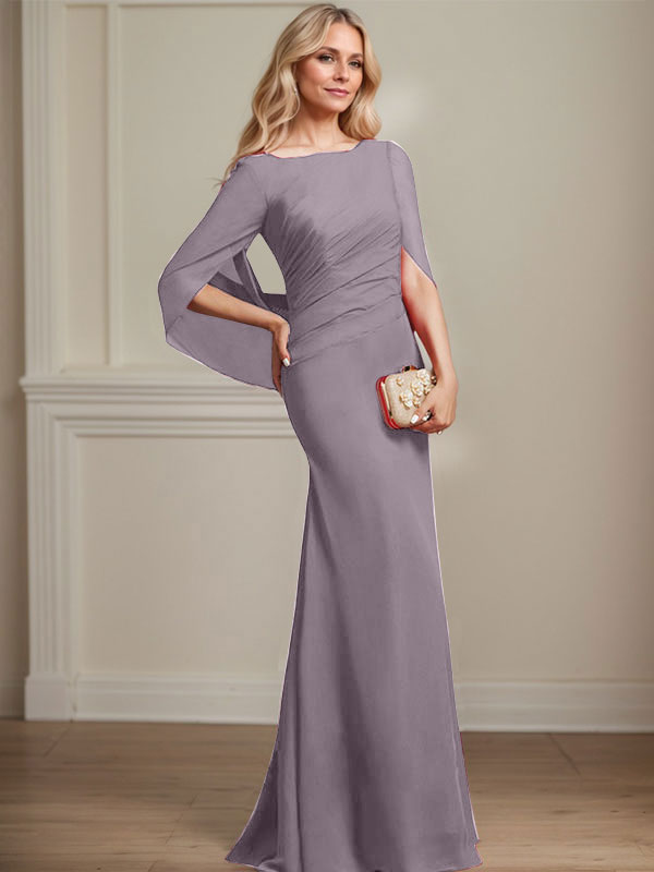 Trompeten-/Meerjungfrauen-Chiffonkleid mit Bootsausschnitt, bodenlang, plissiert, Brautmutterkleid