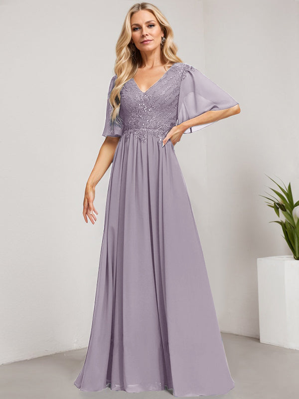 Robe mère de la mariée ligne A col en V longue en dentelle et chiffon avec sequins
