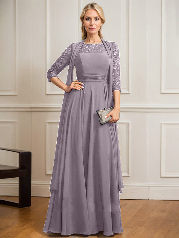 A-Linien Kleid mit Rundhalsausschnitt, Illusion, bodenlang aus Spitze und Chiffon, Mutter-der-Braut-Kleid mit Faltenwurf