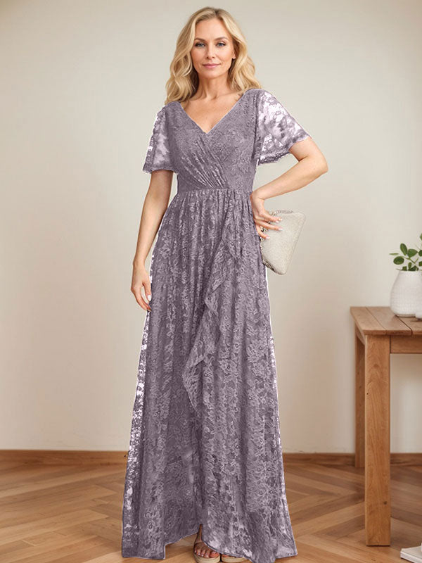 A-Linien Spitzen-Mutter-der-Braut-Kleid mit V-Ausschnitt, asymmetrisch und mit kaskadierenden Rüschen