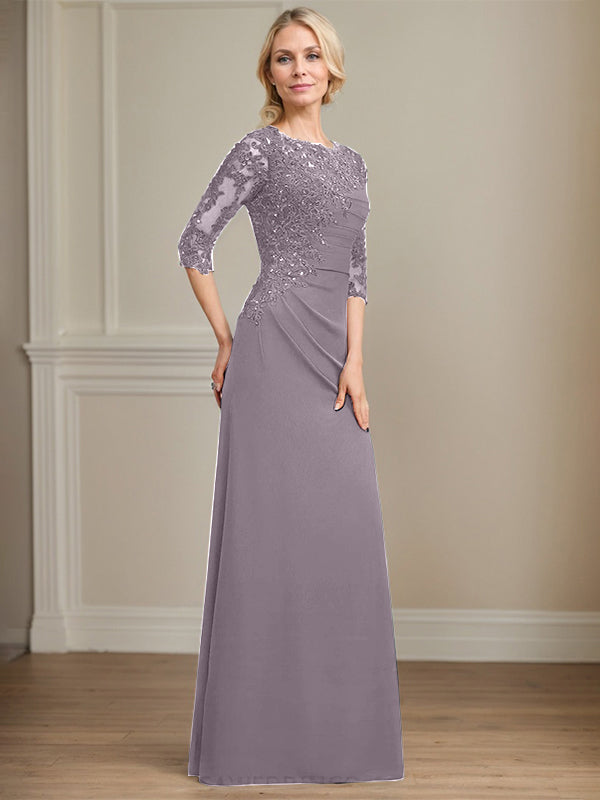 A-Linie Rundhals bodenlanges Chiffon Spitzen Brautmutterkleid mit Perlen Falten Pailletten
