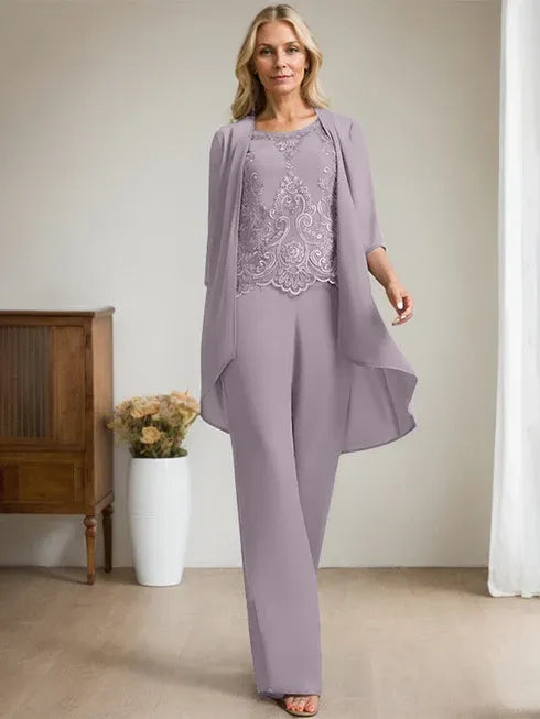 Zweiteiler Jumpsuit/Hosenanzug mit Rundhalsausschnitt, bodenlanges Chiffon-Spitzenkleid für die Mutter der Braut mit Perlen und Pailletten