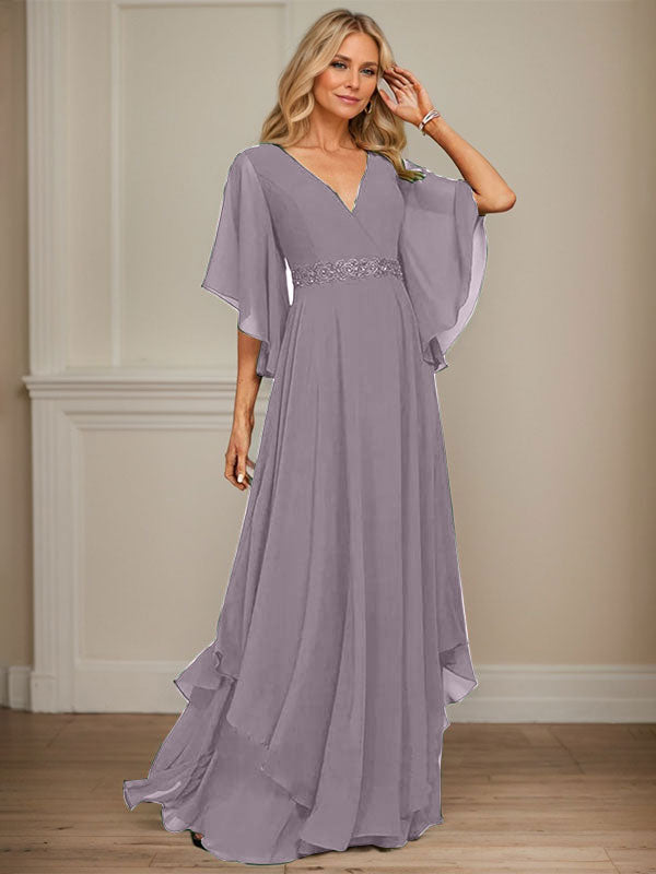 A-Linien V-Ausschnitt bodenlanges Chiffon-Mutter-der-Braut-Kleid mit Pailletten-Applikationen, Spitze und Perlen