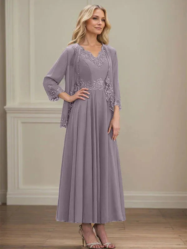 A-Linien Kleid mit V-Ausschnitt, knöchellang, aus Chiffon, Mutter der Braut Kleid mit Pailletten, Applikationen, Spitze und Perlenbesatz