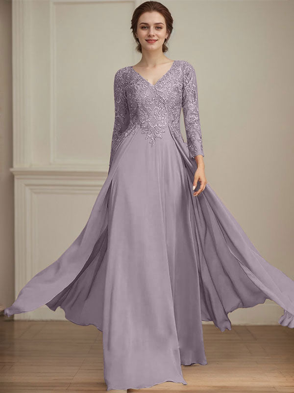 A-Linien V-Ausschnitt Bodenlanges Spitzen-Chiffon Kleid für die Brautmutter mit Pailletten