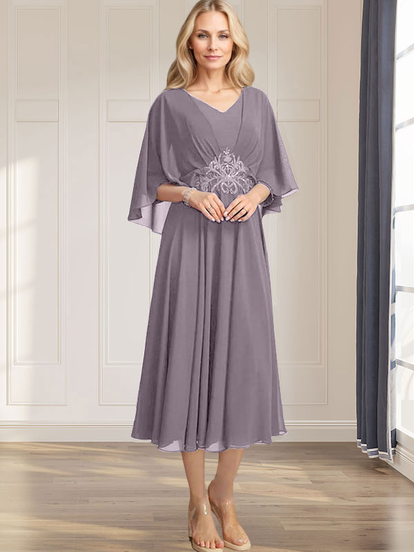 Robe de mère de la mariée en mousseline, longueur thé, col en V, en ligne A, avec appliques plissées, sequins, dentelle et perles