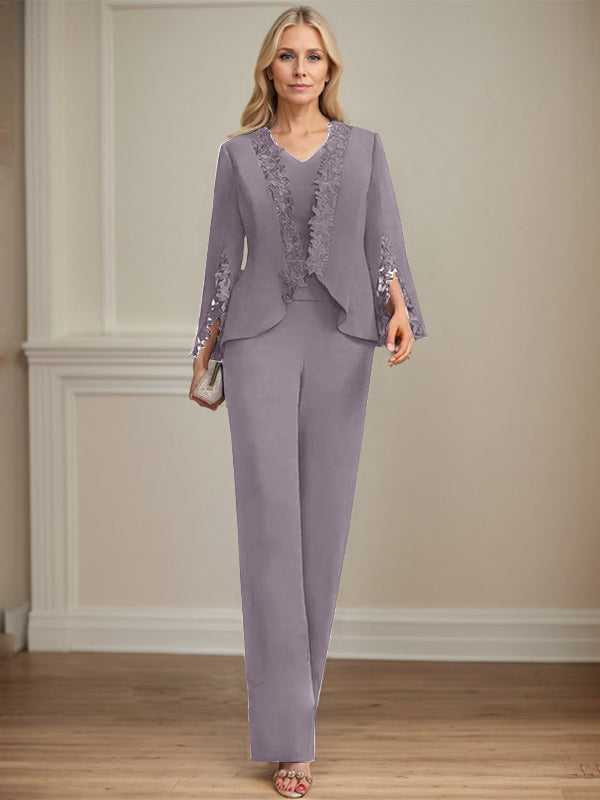 Zweiteiler Jumpsuit/Hosenanzug V-Ausschnitt bodenlanges Chiffon Mutter der Braut Kleid