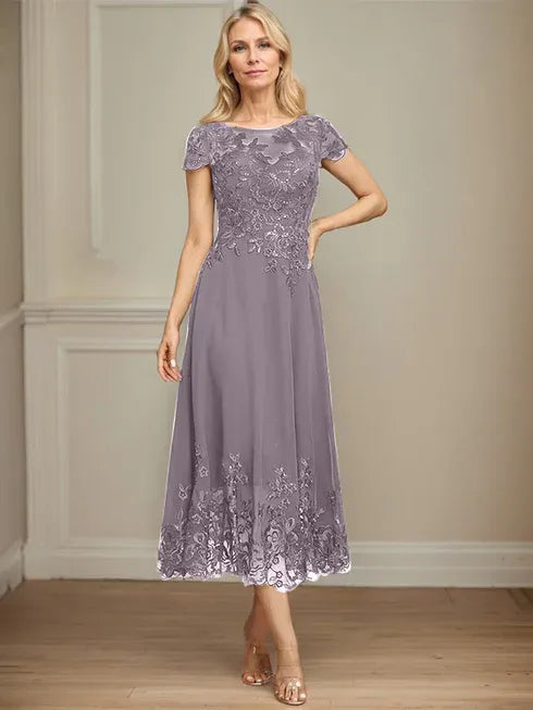 A-Linien Illusions Rundhals tea-langes Spitzenchiffon Mutter der Braut Kleid mit Pailletten