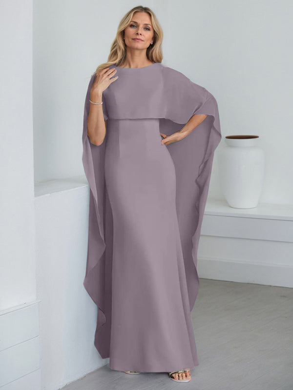 Etui-Kleid mit Rundhalsausschnitt, bodenlang, Chiffon, Mutter-der-Braut-Kleid mit kaskadierenden Rüschen