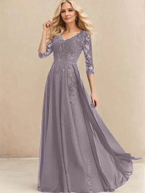 A-Linien V-Ausschnitt Bodenlanges Spitzen-Chiffon Kleid für die Brautmutter mit Pailletten