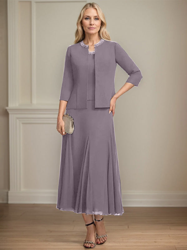 Separates A-Linien Chiffonkleid mit Rundhalsausschnitt, tea-length, Mutter der Braut mit Pailletten und Perlen