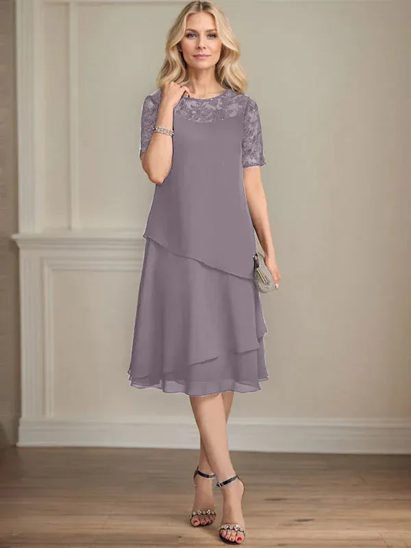 A-Linien Rundhals Illusions-Knie-Länge Spitzen-Chiffon Kleid für die Brautmutter mit Pailletten