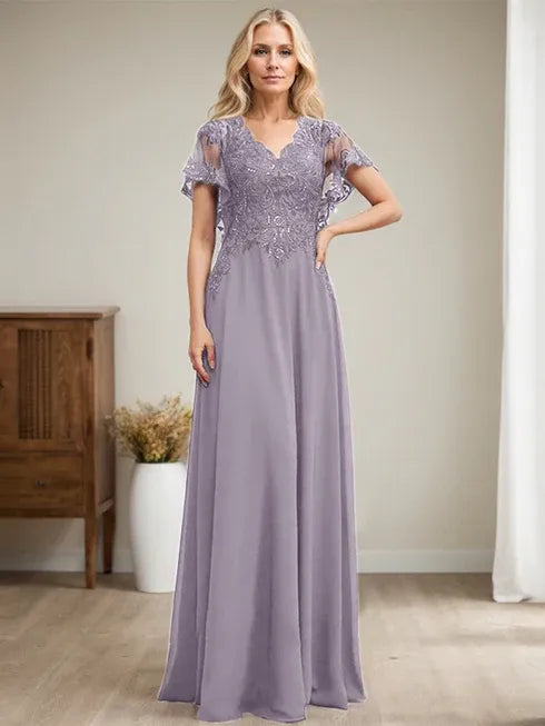 A-Linien V-Ausschnitt Bodenlanges Spitzen-Chiffon Kleid für die Brautmutter mit Pailletten