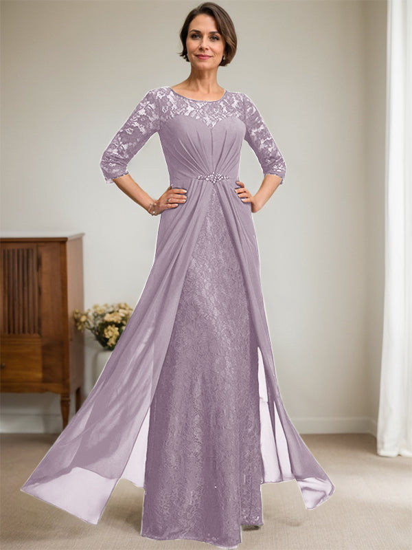 A-Linien Rundhalsausschnitt Illusions-Bodenlanges Spitzen-Chiffonkleid für die Brautmutter mit Perlen und Volants