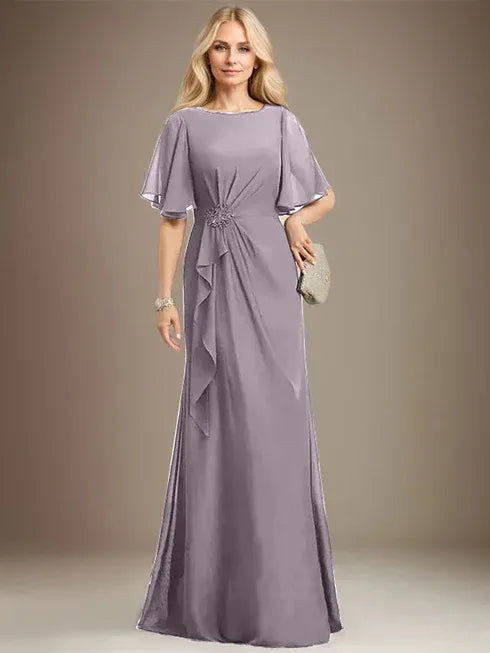 A-Linien Rundhals bodenlanges Chiffon Mutter der Braut Kleid mit kaskadierenden Rüschen Perlen Pailletten