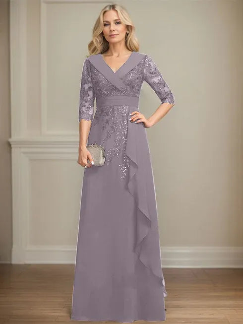 A-Linien Kleid mit Kragen, V-Ausschnitt, bodenlang, aus Spitze und Chiffon, Mutter der Braut Kleid mit Pailletten und fallenden Rüschen