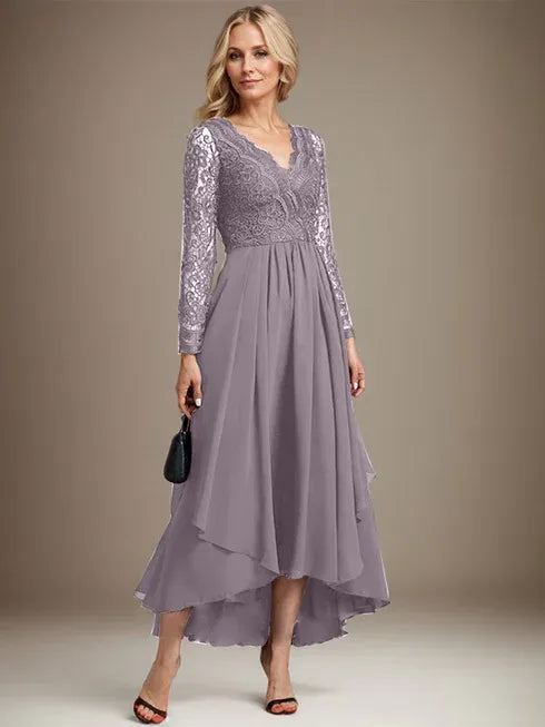 Vestido de madre de la novia en línea A con escote en V, encaje y gasa asimétrica