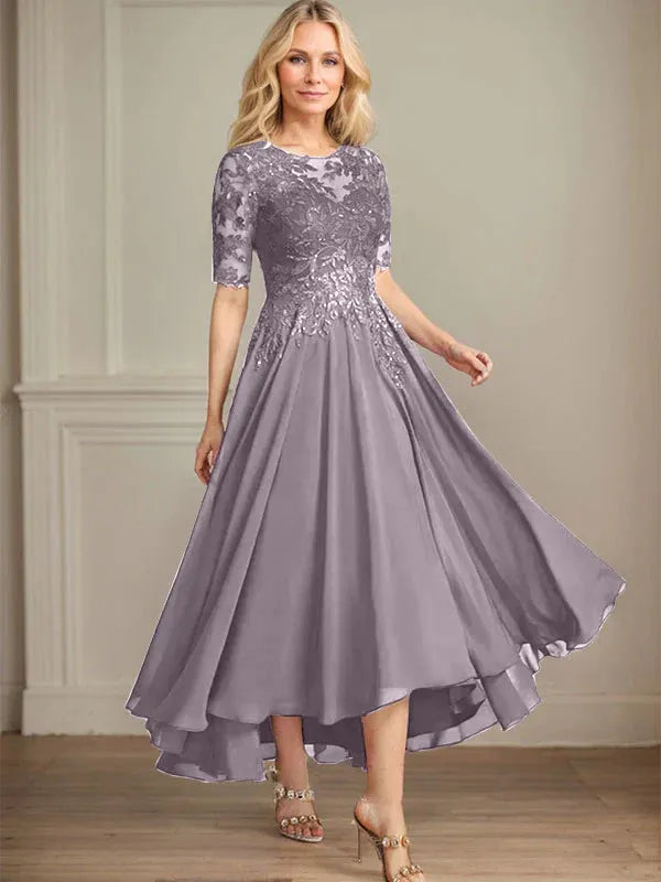 A-Linien Scoop-Ausschnitt Illusion asymmetrisches Chiffon-Spitzen-Mutter-der-Braut-Kleid mit Pailletten