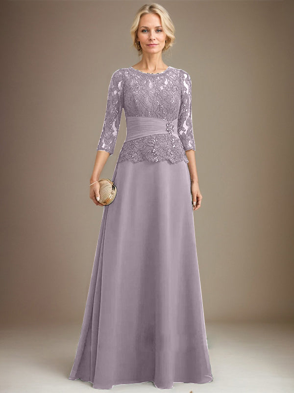 A-Linien Kleid mit Scoop-Ausschnitt, Illusion, bodenlangem Chiffon und Spitze, Mutter-der-Braut-Kleid mit plissierten Pailletten und Perlenbesatz
