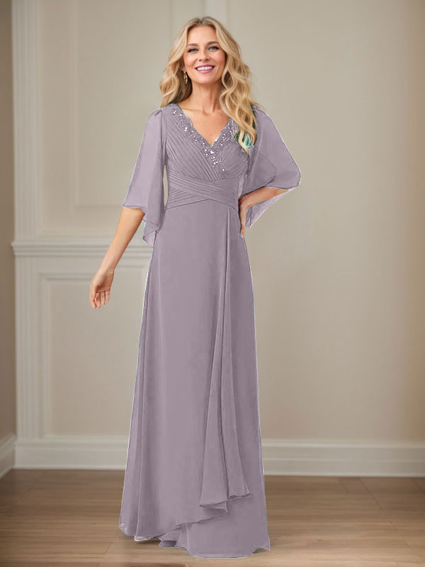 A-Linien V-Ausschnitt langes Pailletten-Chiffon Mutterkleid