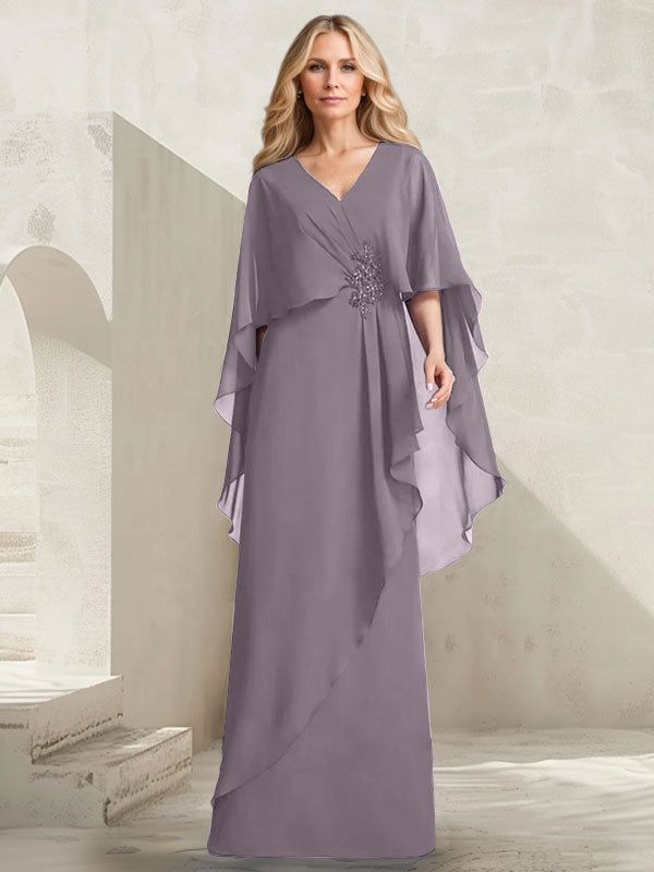 Robe mère de la mariée longue en chiffon coupe trapèze à col en V avec volants en cascade et perles