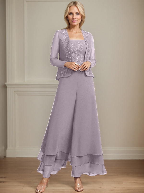 Zweiteiler Jumpsuit/Hosenanzug quadratisch knöchellang Spitze Chiffon Brautmutterkleid mit Pailletten