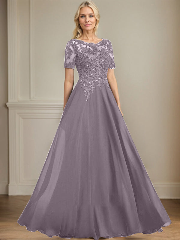 A-Linien Rundhals Illusions-Bodenlanges Chiffon-Spitzenkleid für die Mutter der Braut mit Pailletten und Perlen