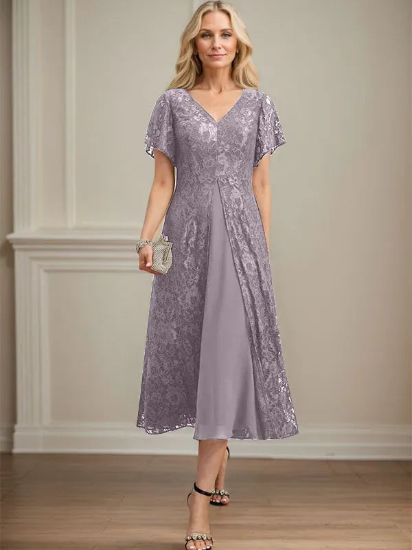 Robe mère de la mariée ligne A en dentelle et mousseline à col en V longueur thé