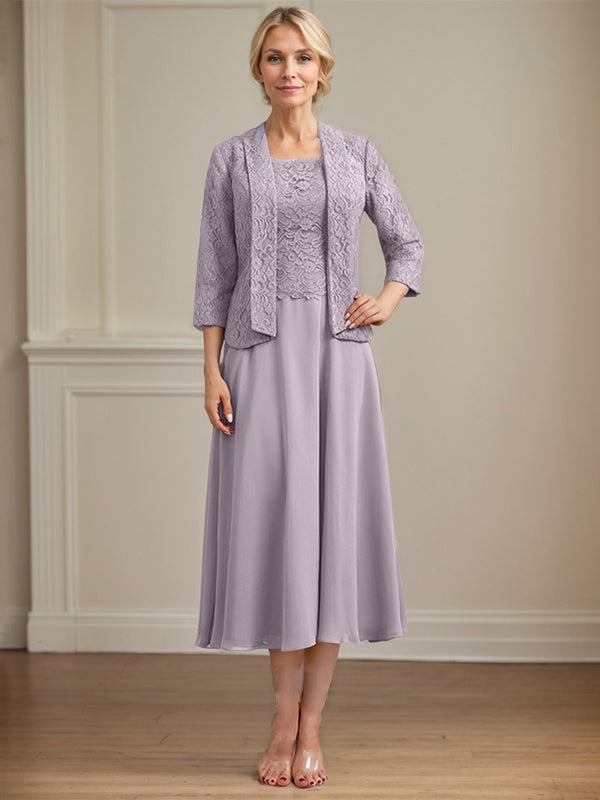 A-Linien Kleid mit Rundhalsausschnitt, tea-länge, Spitze und Chiffon, Mutter der Braut Kleid